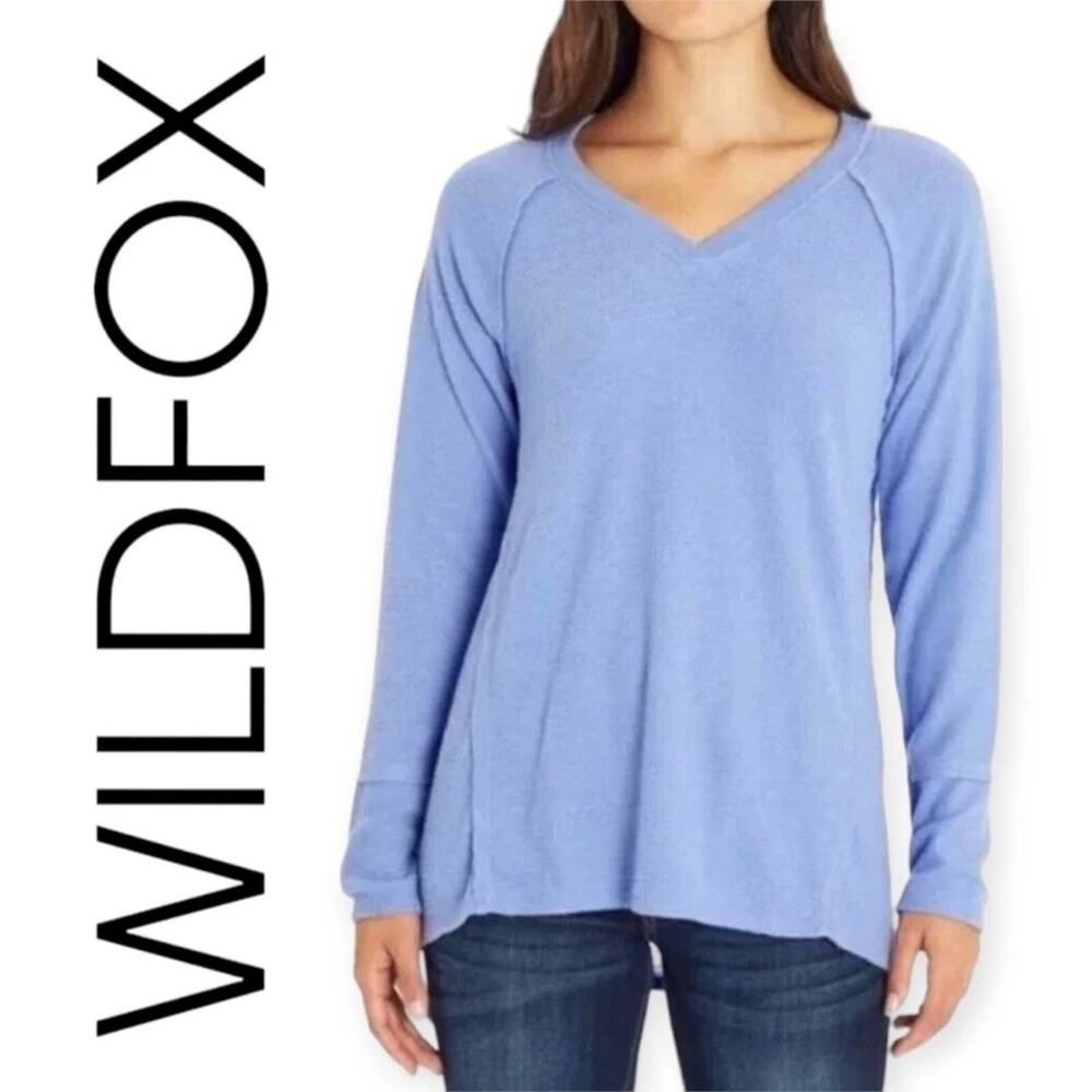 Wildfox Waffle Knit Haley Soft Brushed Top Periwinkle Long Sleeve V-Neck Top - Picture 2 of 13